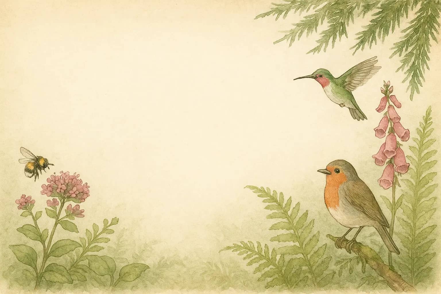 Watercolor illustration of a Pacific Northwest wildlife garden with bee, hummingbird, and robin among foxgloves and ferns.