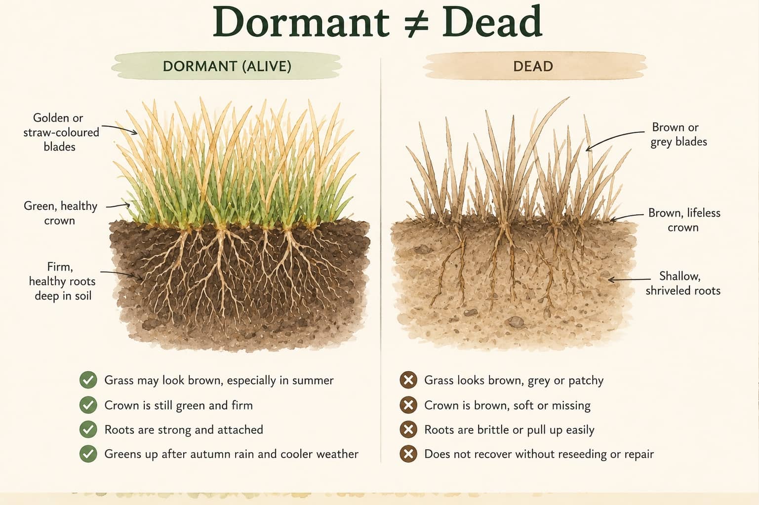 Brown doesn't always mean dead. Before you reach for the seed or sprinkler, check the crown of the grass—healthy green growth beneath the surface is a sign your lawn is simply dormant and waiting for cooler, wetter weather.