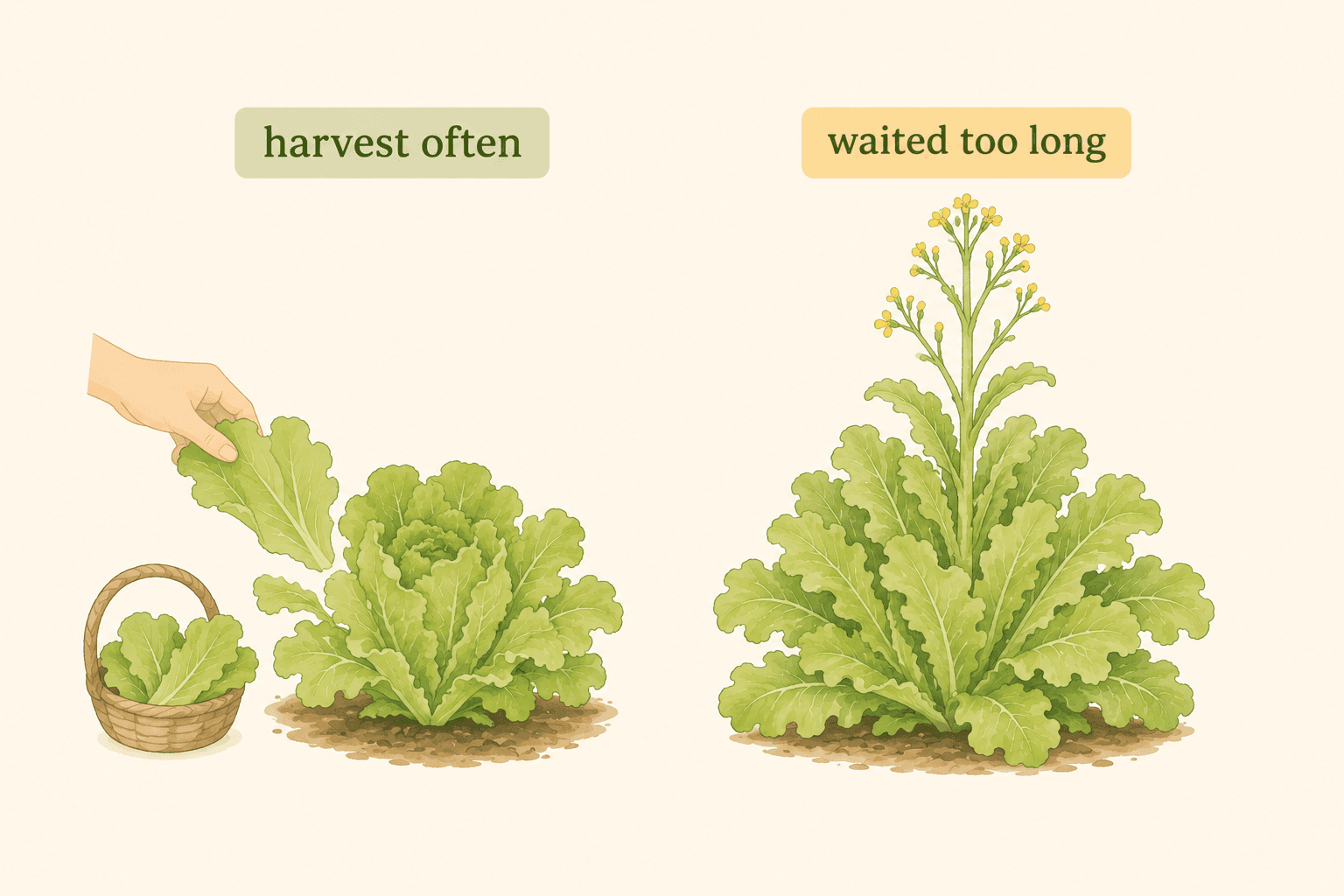 Regular harvesting encourages lettuce to keep producing leaves. Plants left too long are more likely to become oversized and begin bolting.