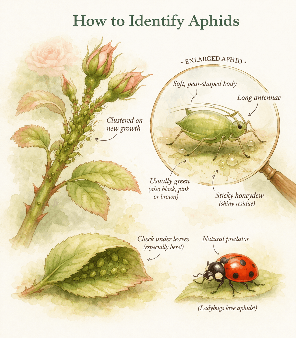 Aphids are small, soft-bodied insects that cluster on new growth—often hiding under leaves or along tender stems.