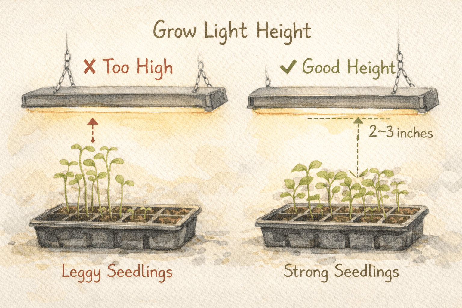 Keep grow lights 2–3 inches above seedlings to prevent weak, leggy growth.