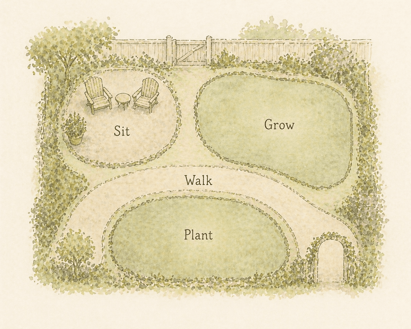 Think in zones first—what you’ll do in each space matters more than what you plant