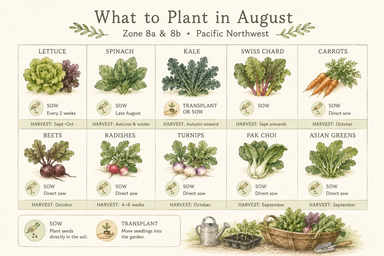 Not sure what to plant this month? Here's a quick guide to the best vegetables to sow or transplant in August for a productive autumn garden in the Pacific Northwest.