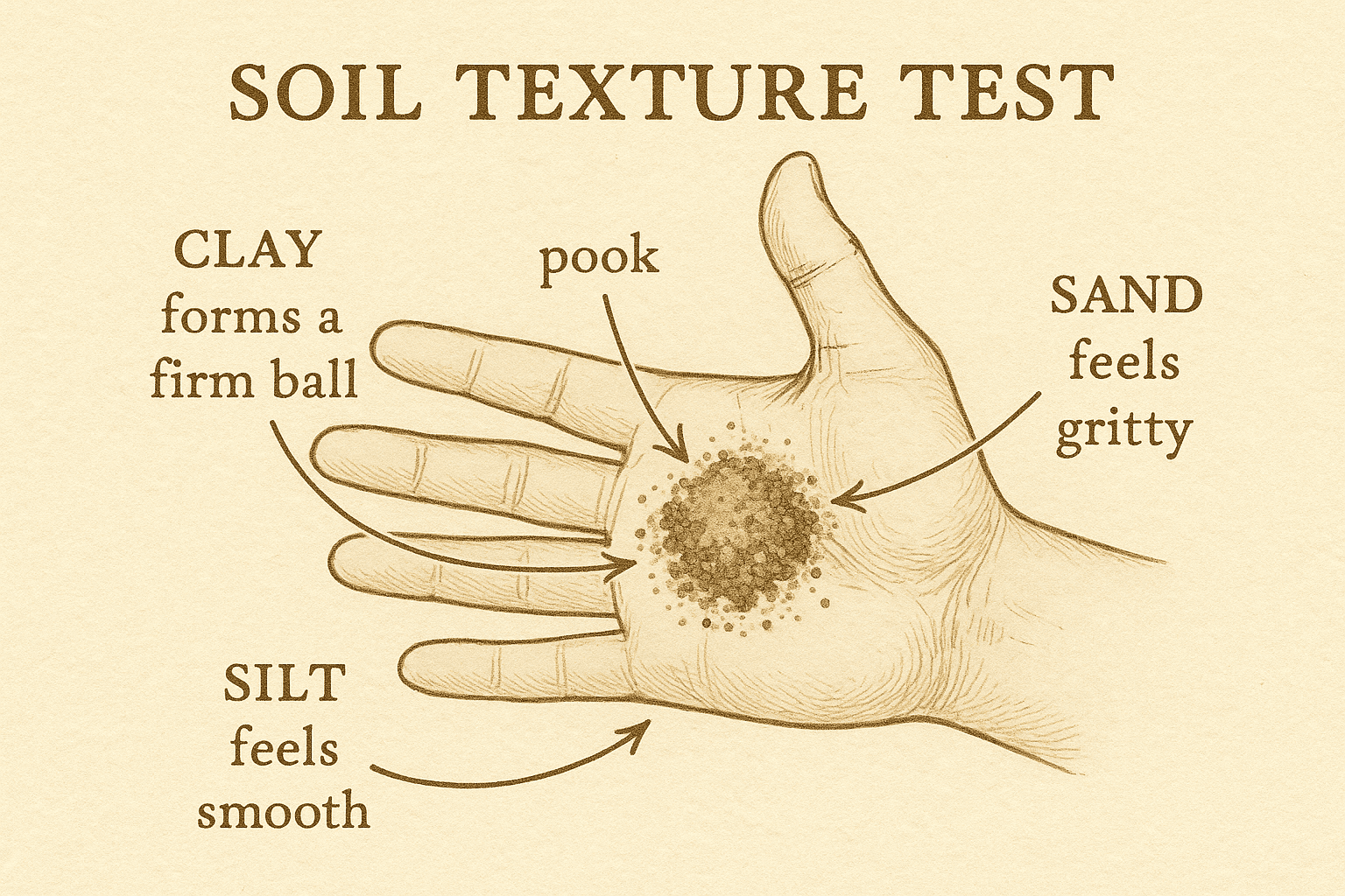 Vintage hand-drawn diagram showing a gardener’s hand labeled with clay, silt, and sand textures, demonstrating how each soil type feels by touch. ⸻
