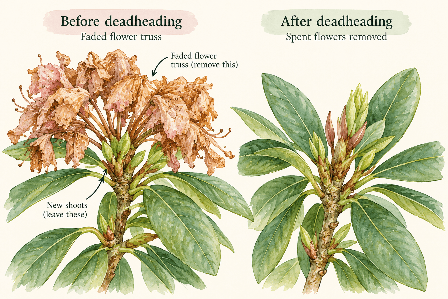 Remove faded rhododendron flowers carefully, leaving the delicate new shoots beneath them intact. Deadheading keeps shrubs looking tidy without sacrificing next year's growth.