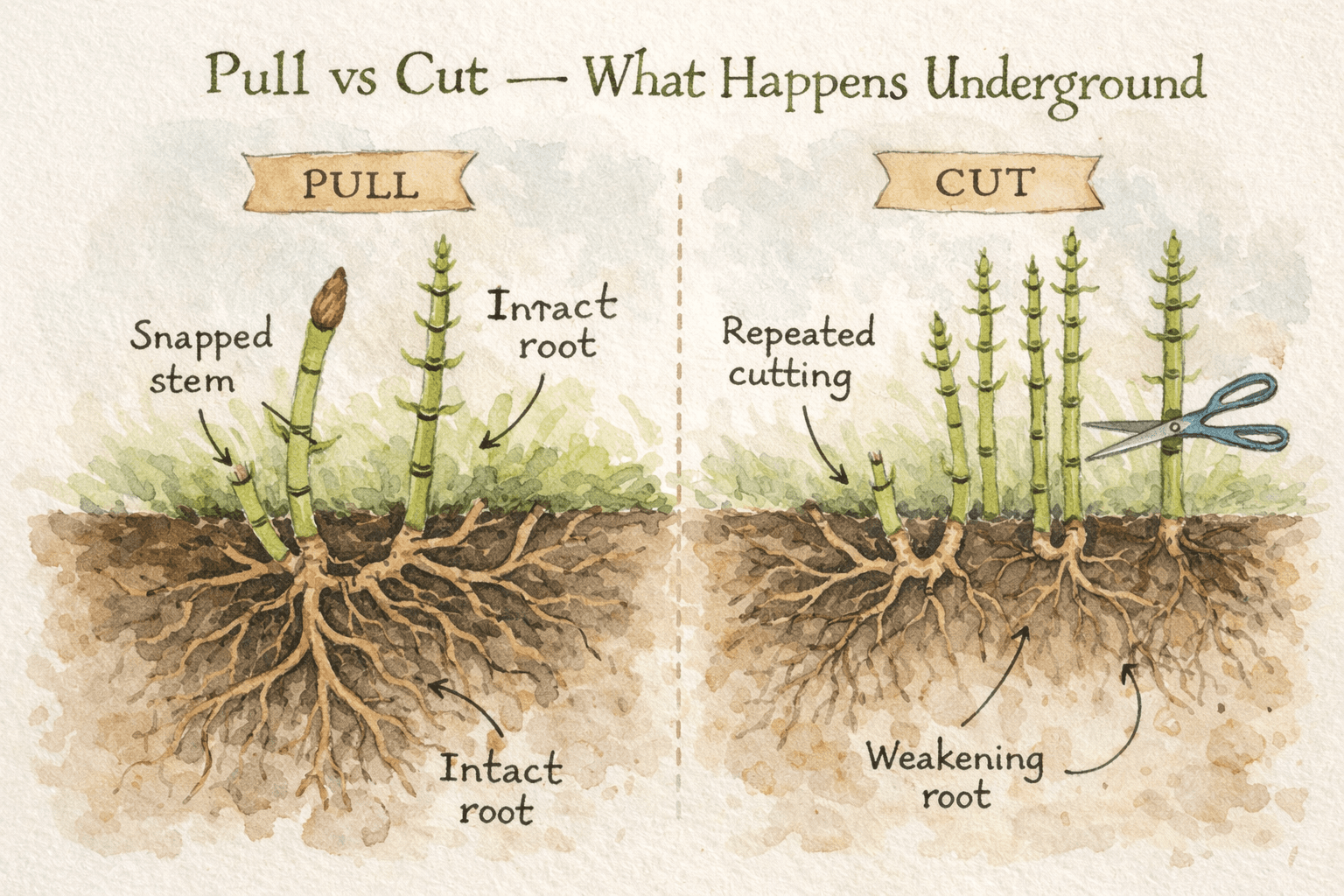 Pulling leaves the root system intact. Repeated cutting slowly exhausts it.