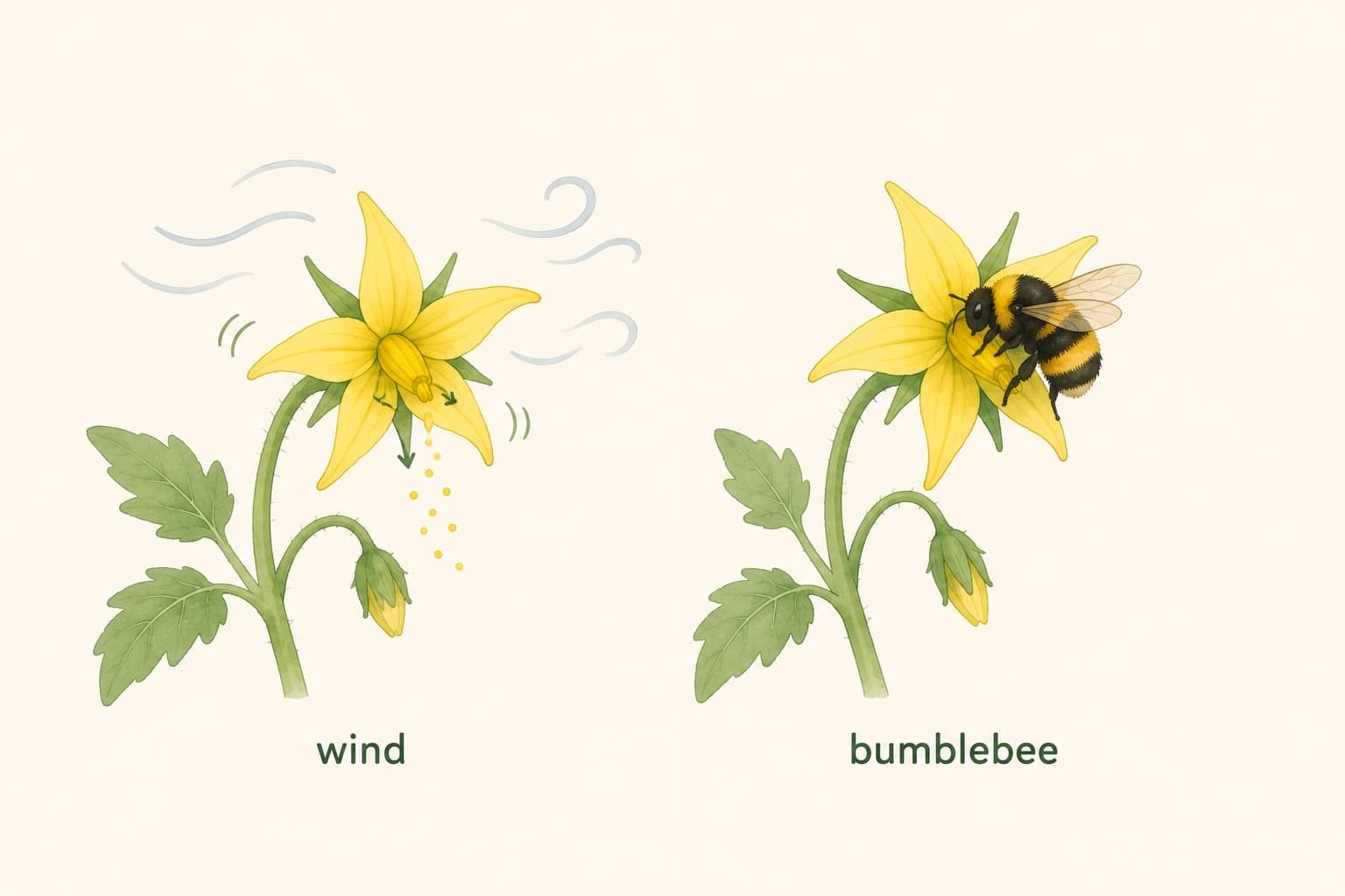 Tomato flowers can pollinate themselves, but a little movement from the wind or a visiting bumblebee helps release the pollen.