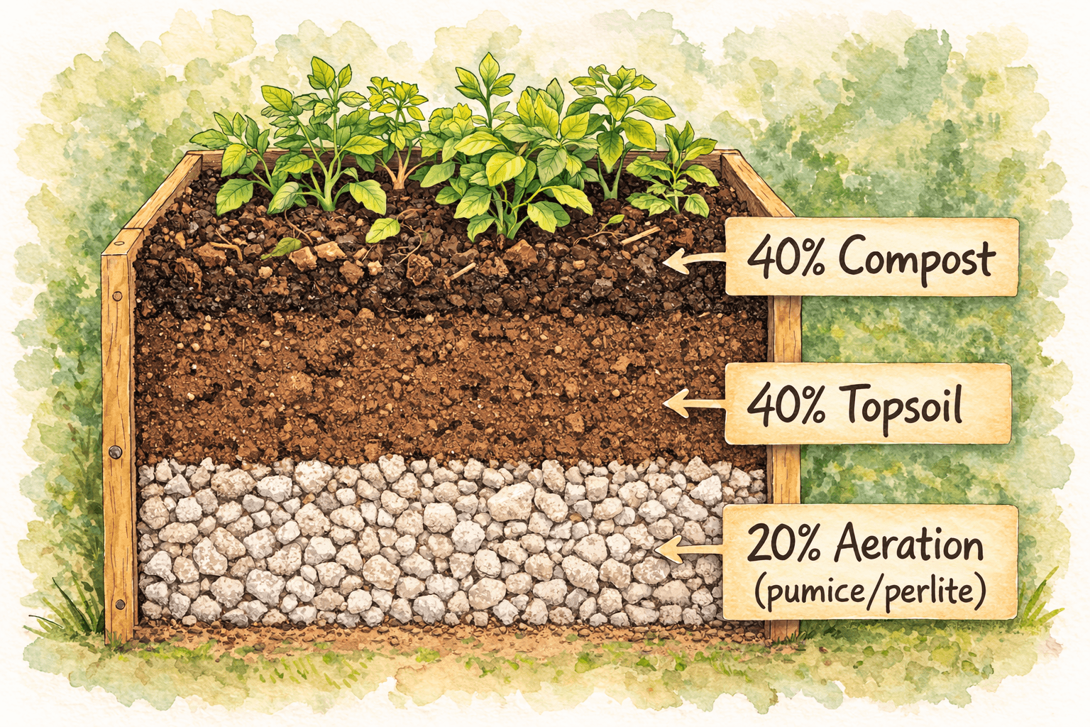 A simple raised bed mix of compost, topsoil, and aeration material creates rich soil that drains well and supports healthy roots.
