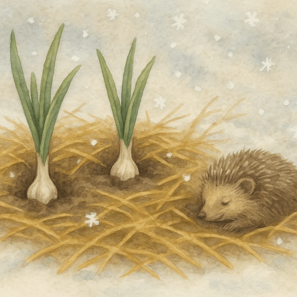 Garlic shoots pushing bravely through their winter mulch, catching snowflakes as they rise. A sleepy hedgehog curls nearby, reminding us that even in the coldest months, quiet life stirs beneath the straw.