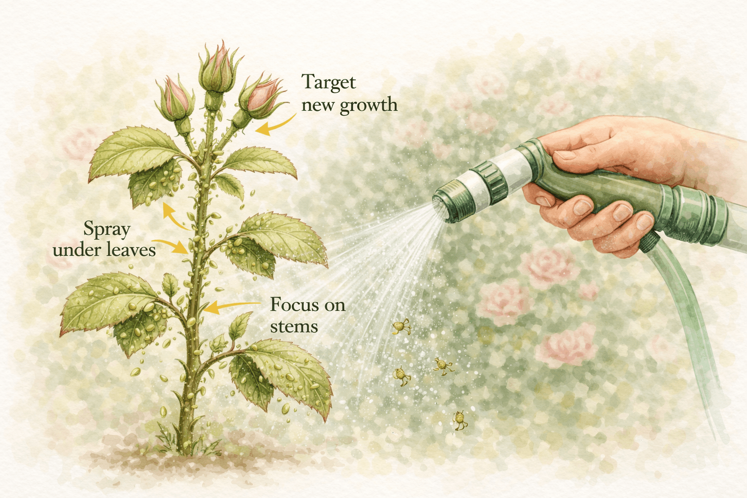 Focus your spray on new growth, stems, and especially the underside of leaves—where aphids tend to hide.