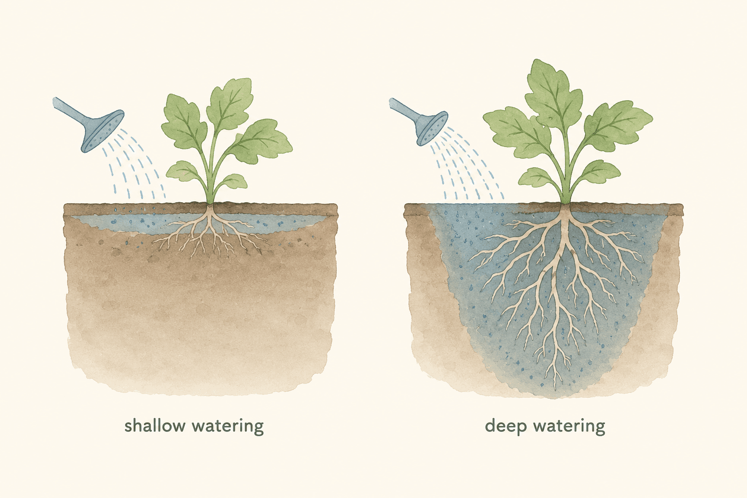 Deep watering helps roots grow stronger, deeper, and more resilient during dry weather.