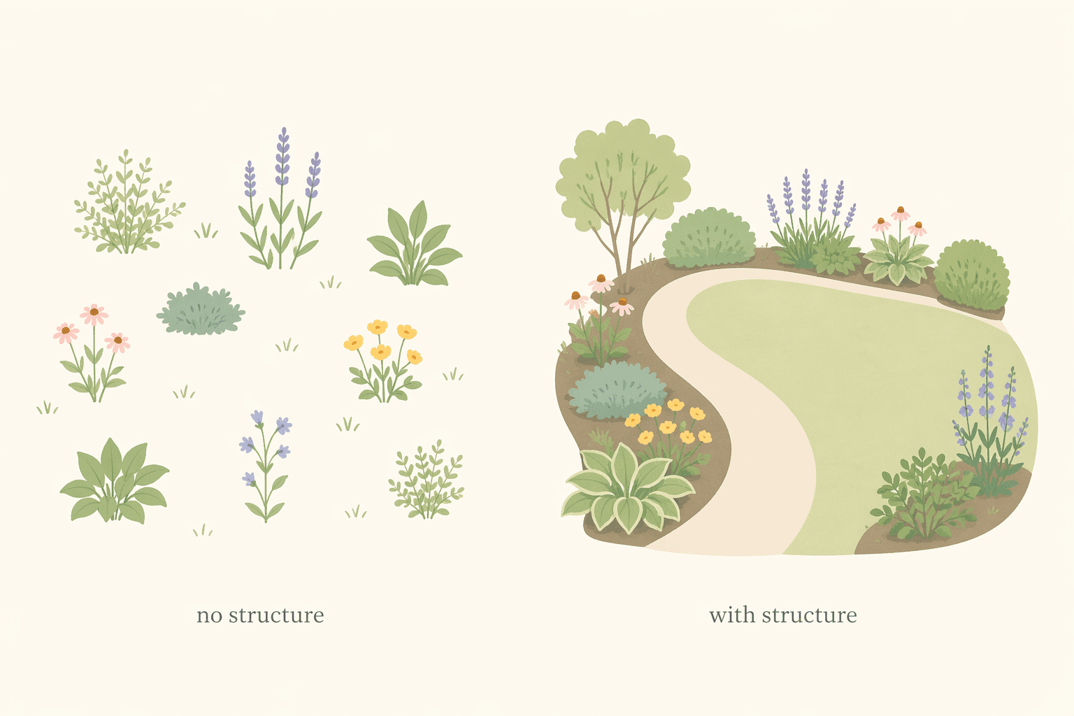 No structure vs. with structure — the same garden, but one finally makes sense.