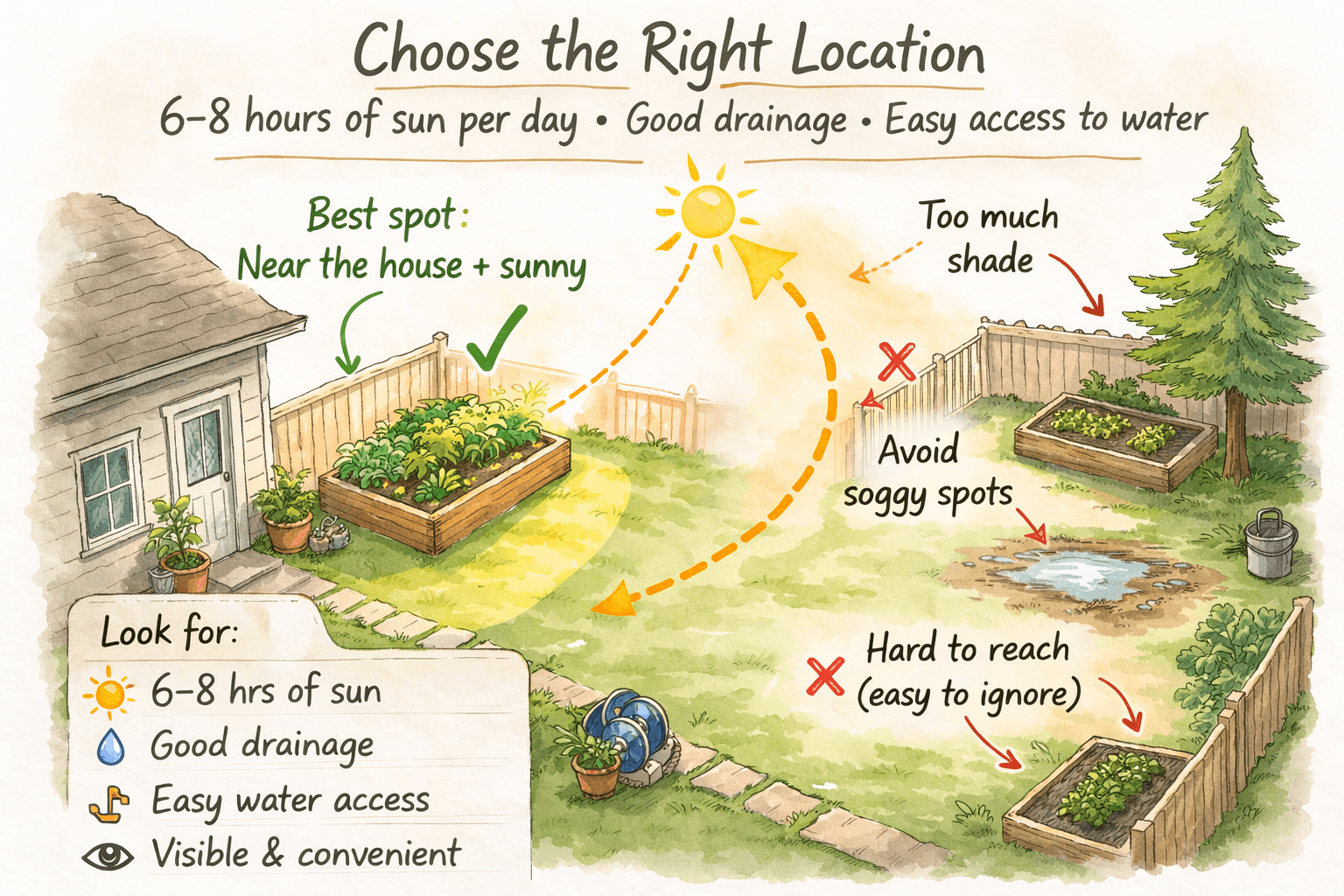 A sunny spot near the house makes raised beds easier to care for and more productive.