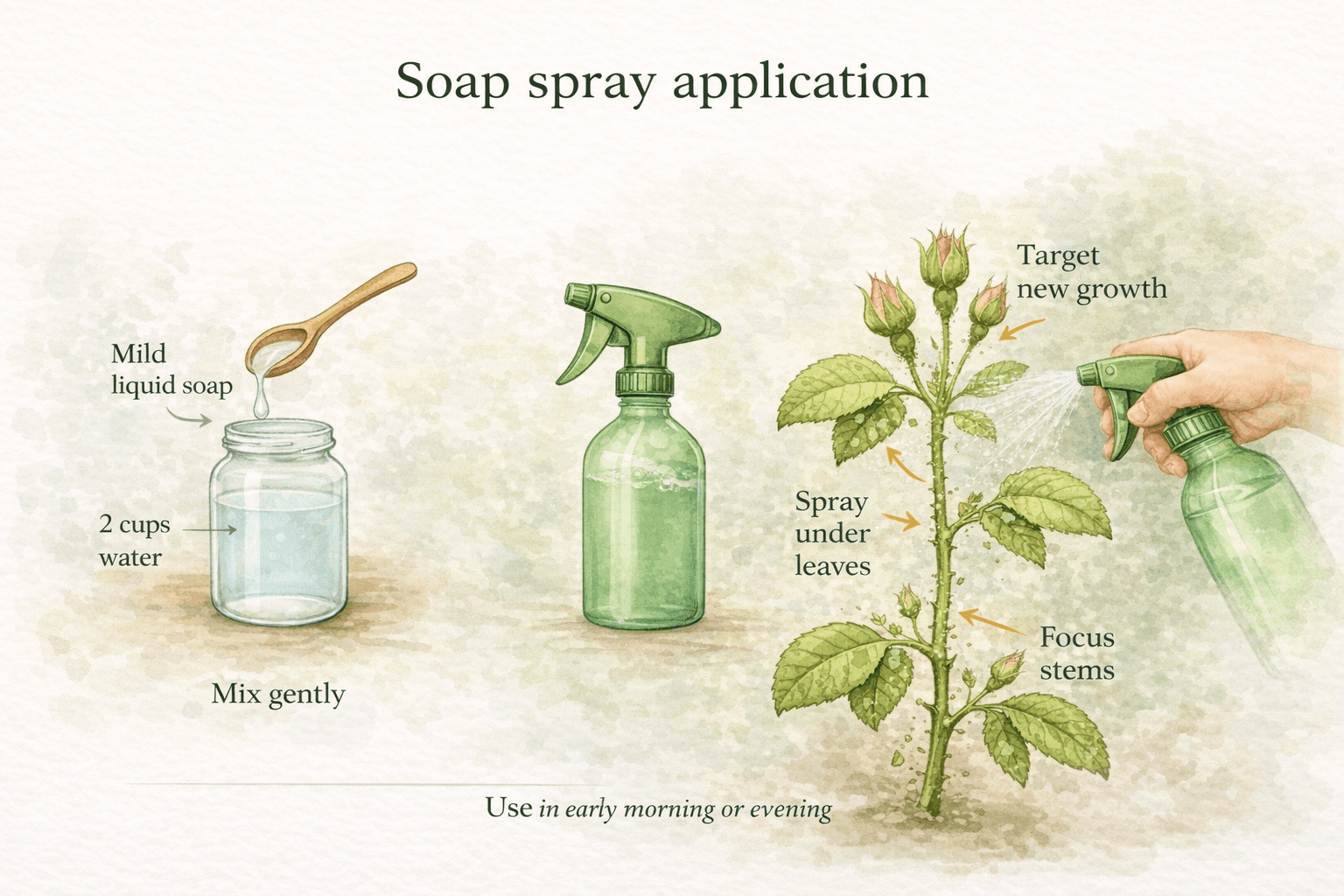 Apply soap spray directly to aphids—focusing on new growth, stems, and especially the underside of leaves.