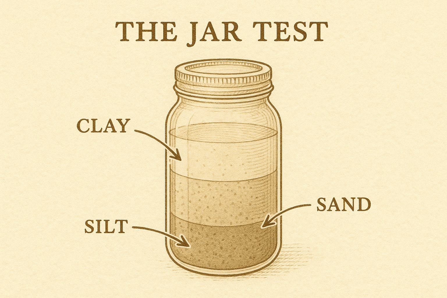Sepia-toned instructional drawing of a mason jar showing soil layers labeled sand, silt, and clay, used to test soil composition.