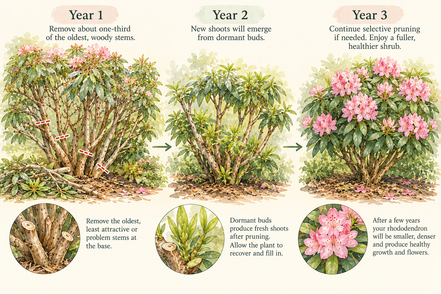 Patience pays off. Gradually rejuvenating an overgrown rhododendron over several growing seasons allows the plant to recover while encouraging fresh, healthy growth.