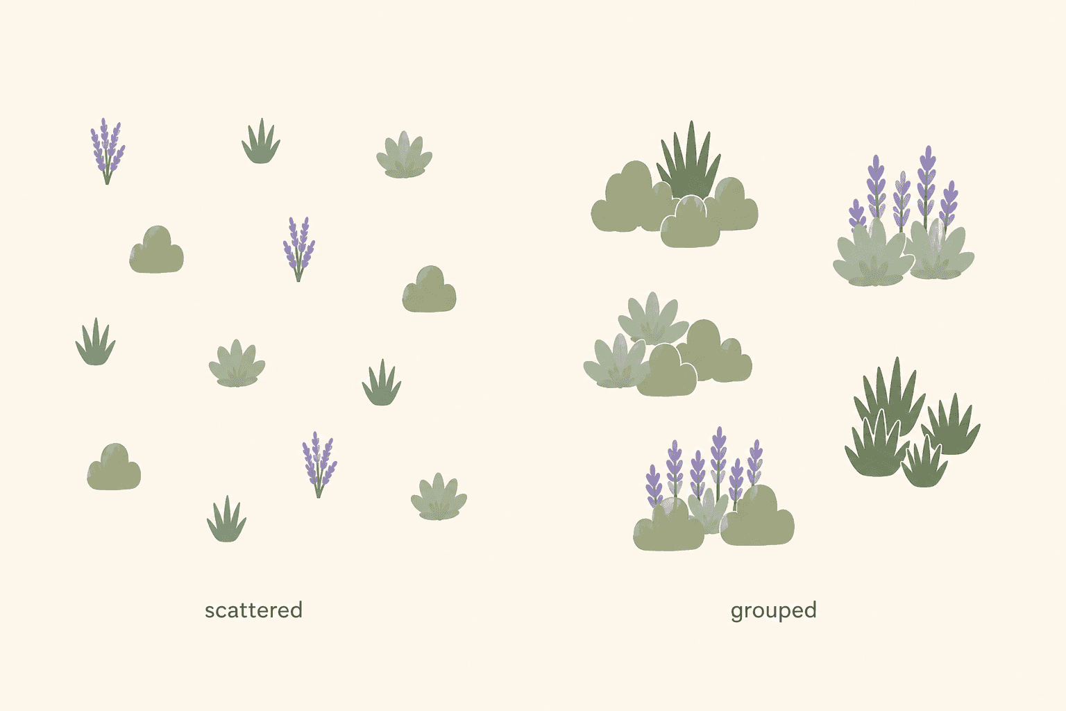 Scattered plants feel sparse and disconnected — grouping them into simple clusters creates rhythm, fullness, and a more natural-looking garden.