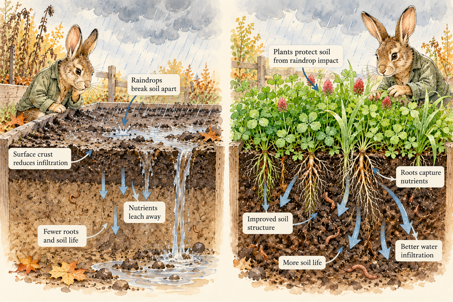 Bare soil is vulnerable to heavy winter rain, erosion, and nutrient loss. Cover crops act as a living blanket, protecting the surface while their roots improve soil structure and help retain valuable nutrients.