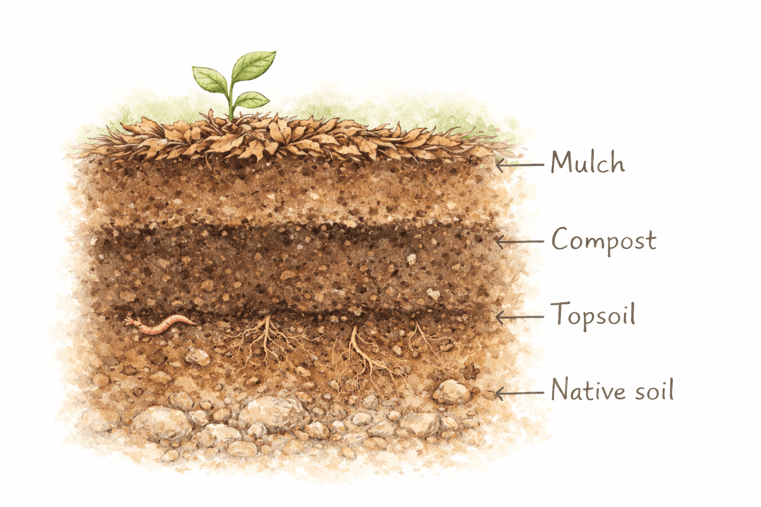 Healthy soil is layered like a story — mulch to protect, compost to nourish, topsoil to root, and native earth below, alive with quiet helpers.