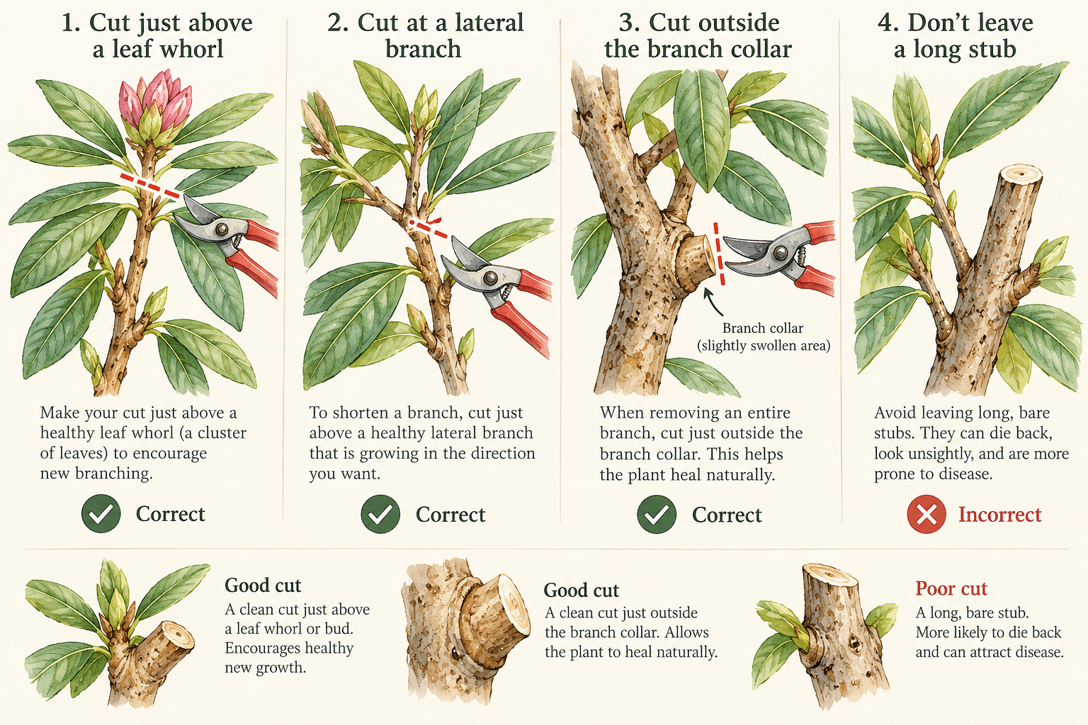 Where to cut a rhododendron: Three correct pruning techniques—cutting above a leaf whorl, at a lateral branch, or just outside the branch collar. Avoid leaving long, bare stubs that can die back and invite disease.