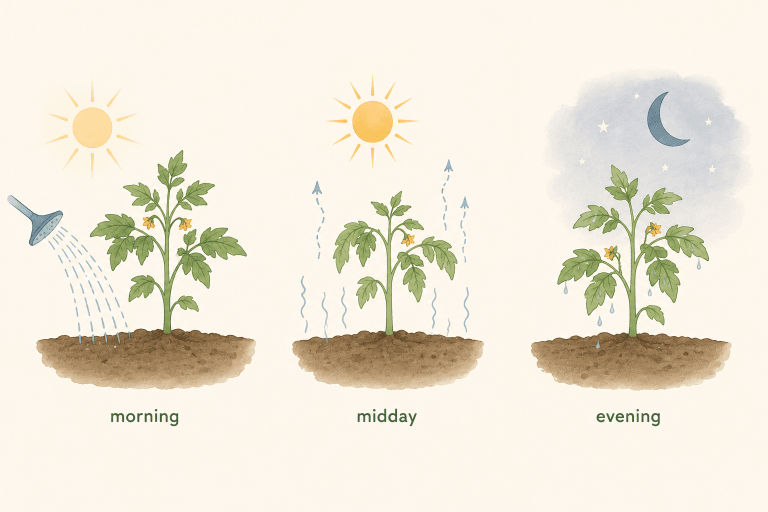 Morning watering gives plants time to absorb moisture before the heat of the day arrives.