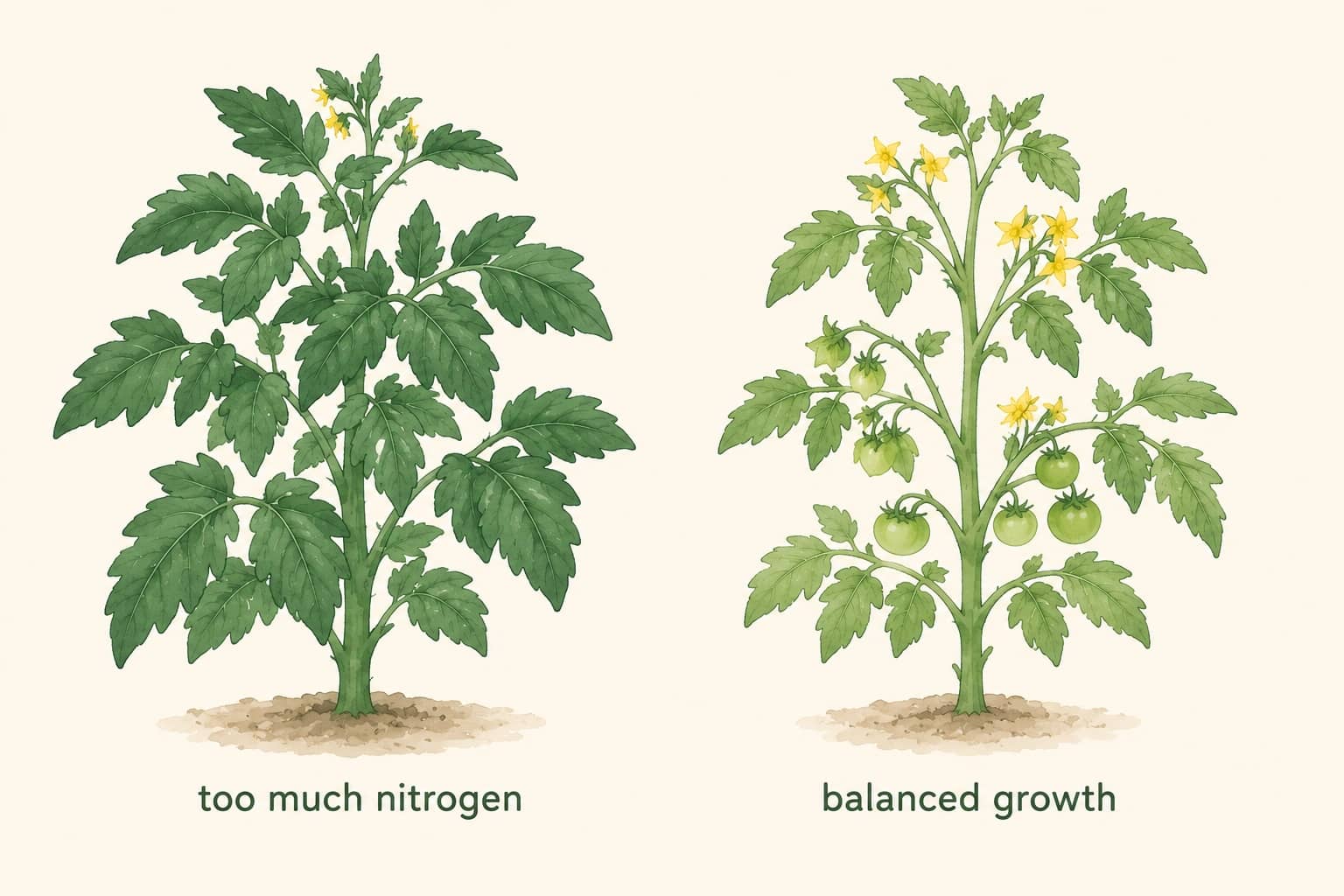 Lush leaves may look healthy, but too much nitrogen can encourage foliage instead of flowers and fruit.