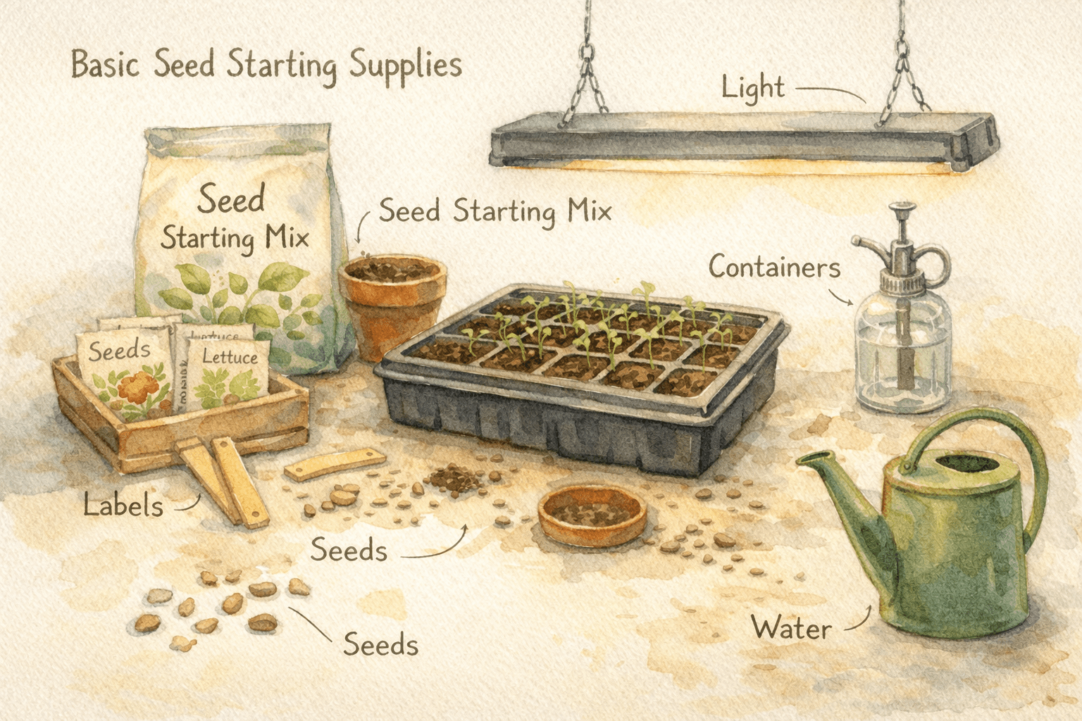 Basic indoor seed starting supplies — nothing fancy required.