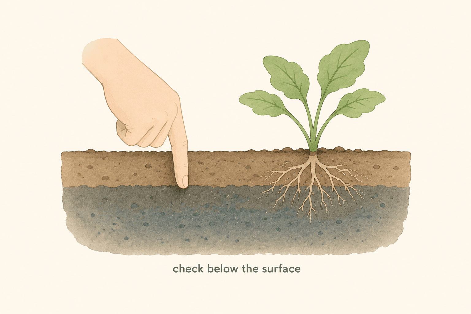 The surface can look dry while deeper soil still holds plenty of moisture for roots.
