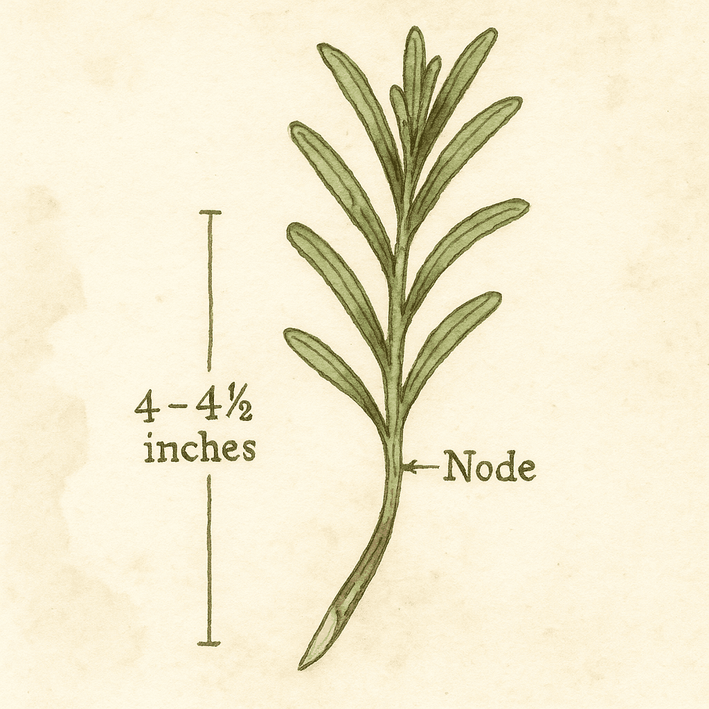 Watercolor illustration of a 10–12 cm rosemary cutting prepared for propagation, showing the lower leaves removed, a labeled node just above a diagonal cut, and a few leaves remaining at the top against a cream background.