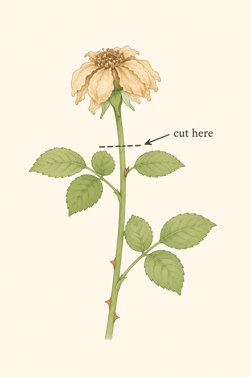 For many flowering plants, cut back to the first healthy set of leaves below the spent bloom.