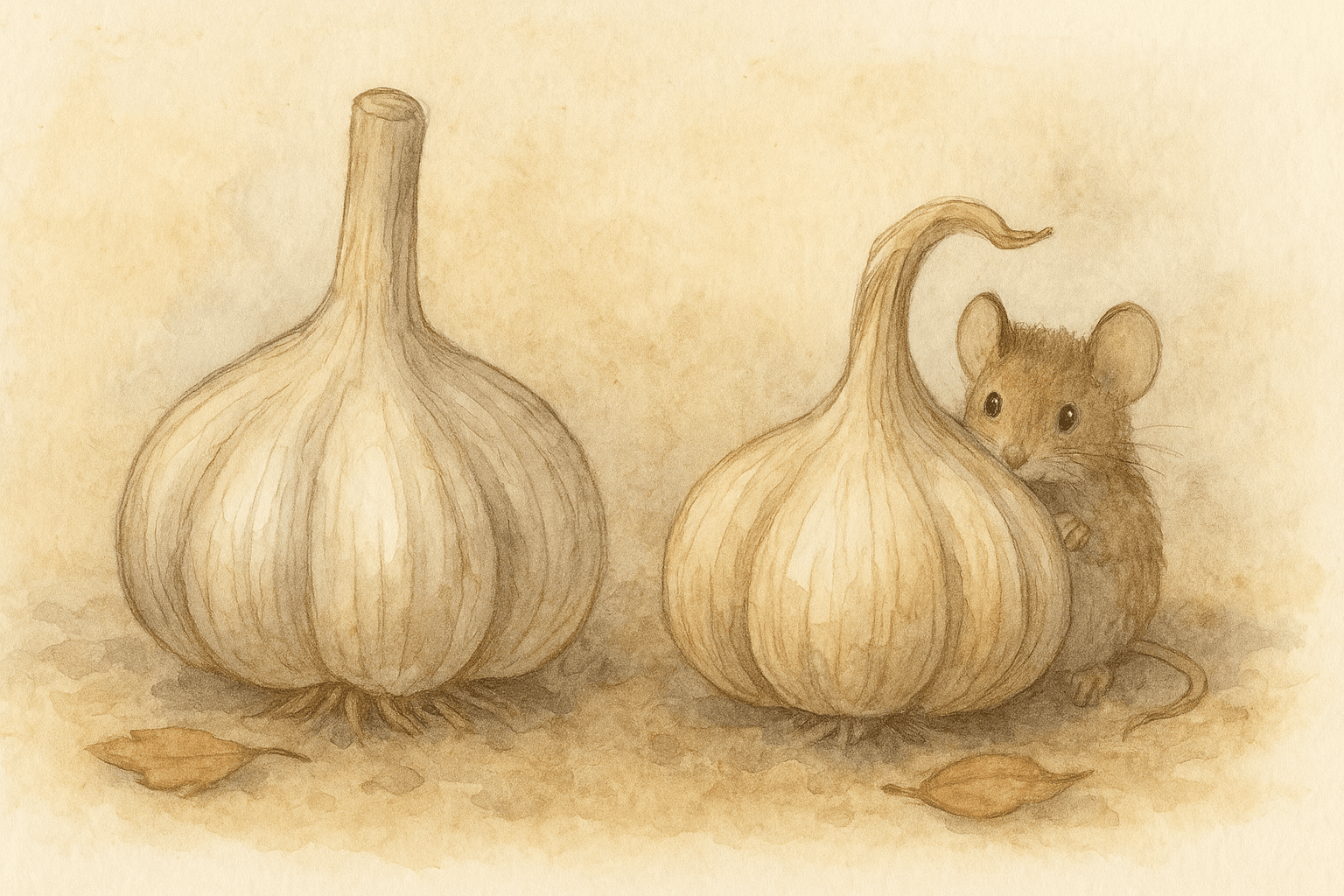 Hardneck vs. softneck garlic, side by side. Hardneck forms fewer but larger cloves, while softneck makes many small ones and stores longer. A little woodland mouse approves of both.