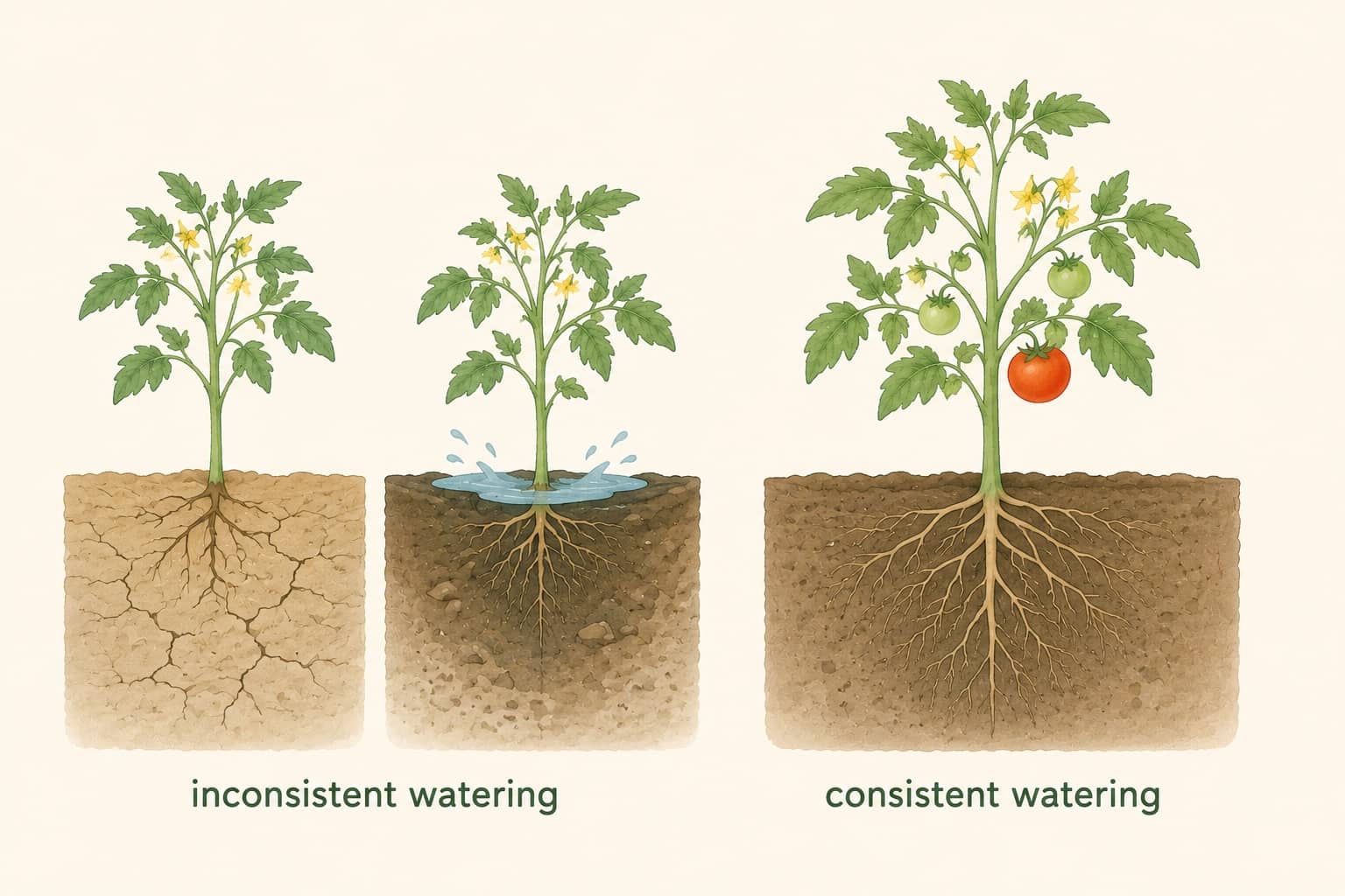 Tomatoes grow best with evenly moist soil. Deep, consistent watering helps reduce stress and supports healthy fruit development.