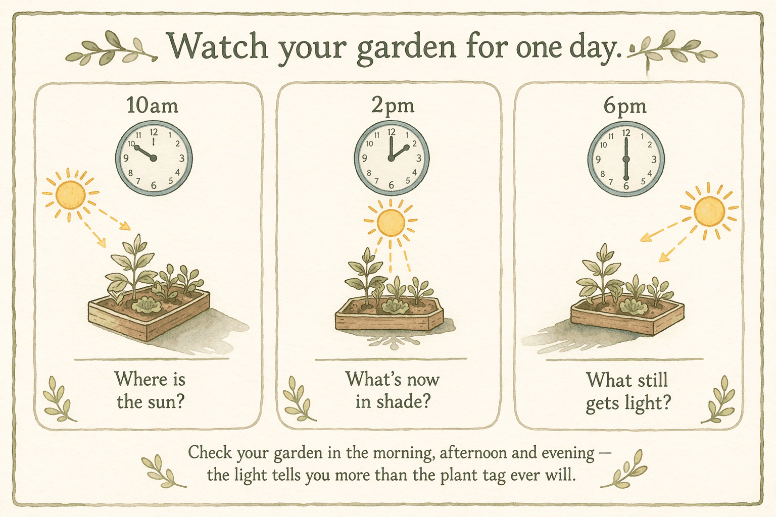 Watch your garden at 10am, 2pm, and 6pm—the light tells you everything.