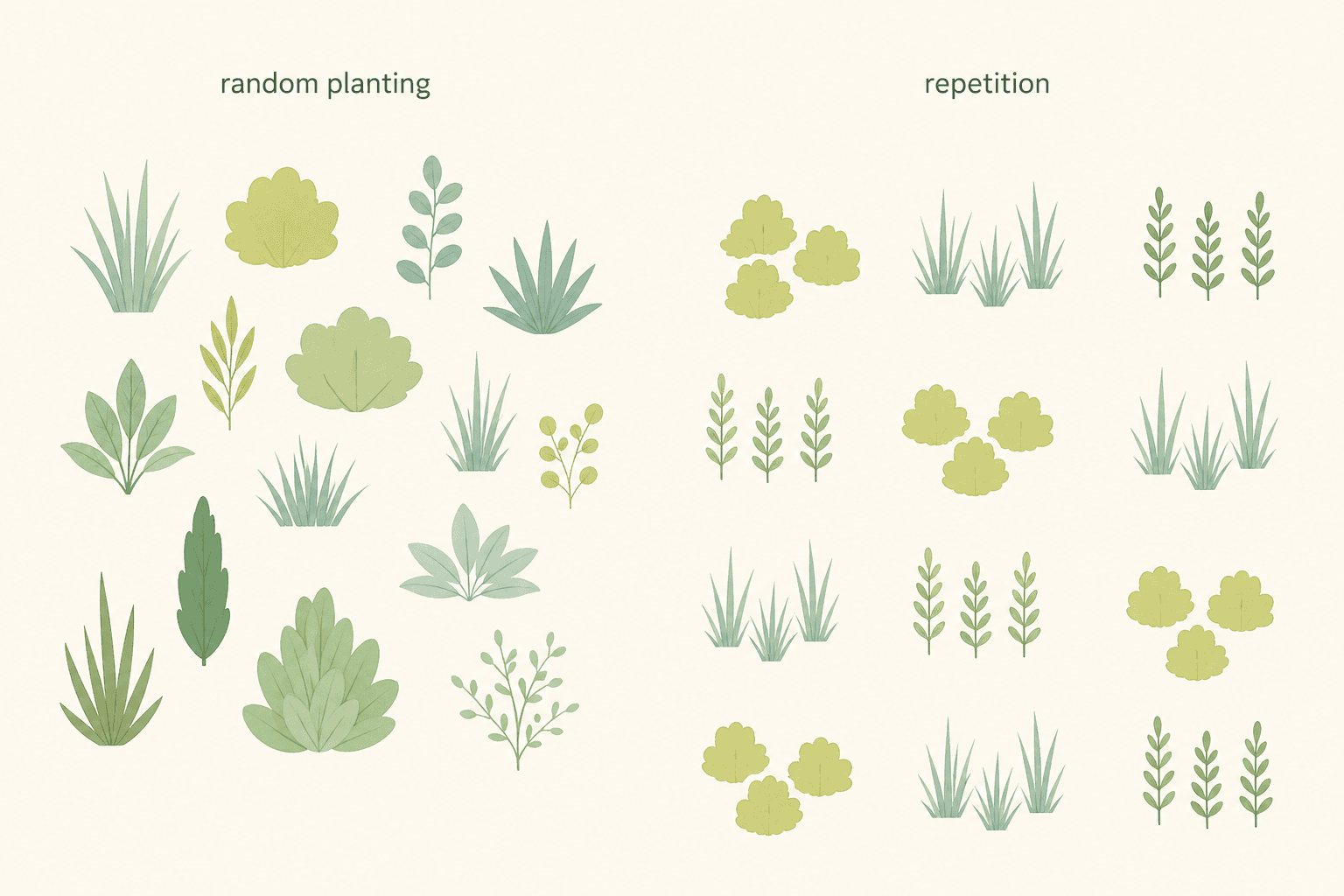 A garden feels calmer and more intentional when you repeat just a few plant shapes—rather than using a little bit of everything everywhere.