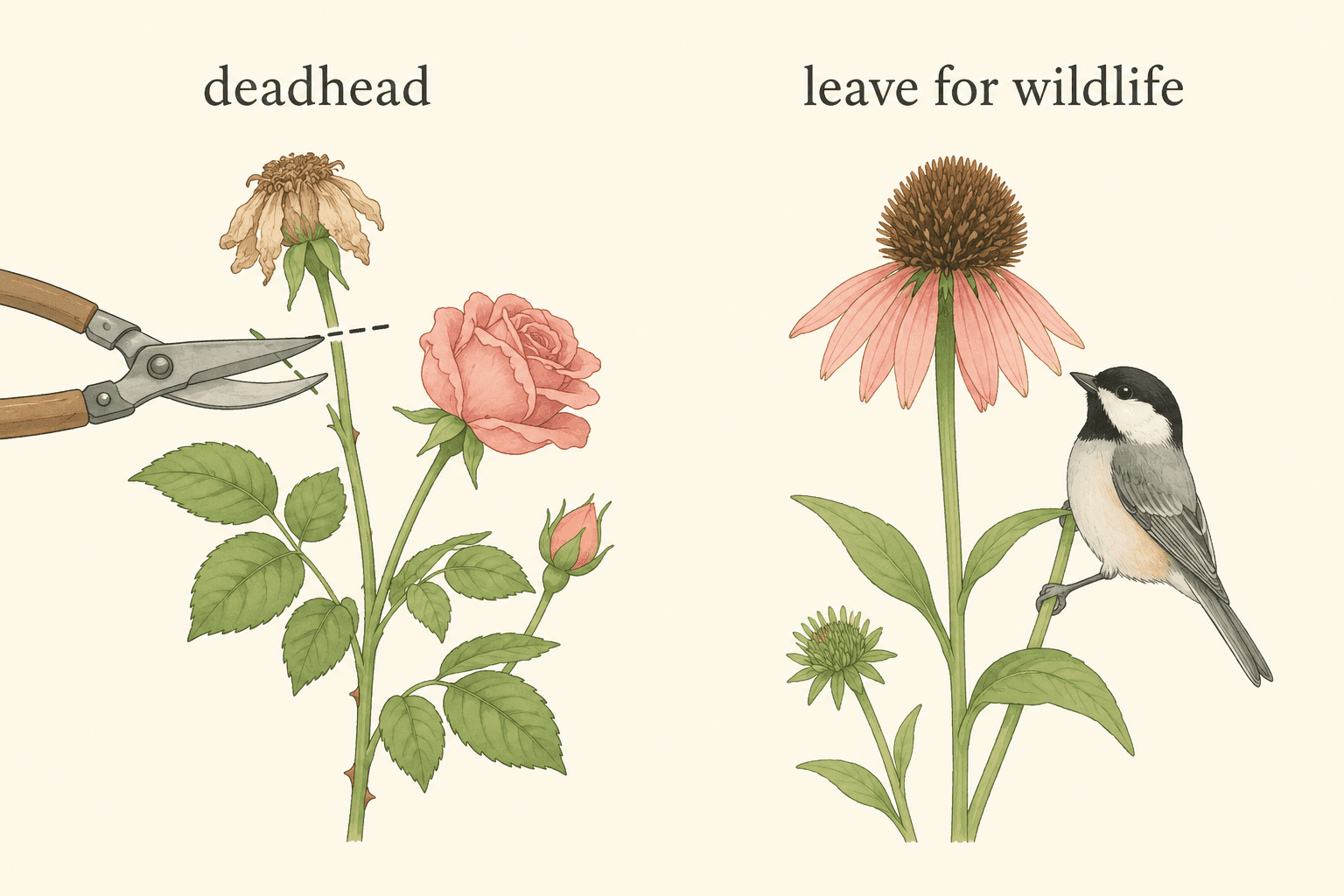 Some plants reward deadheading with more blooms. Others provide food for birds and seasonal interest when left alone.