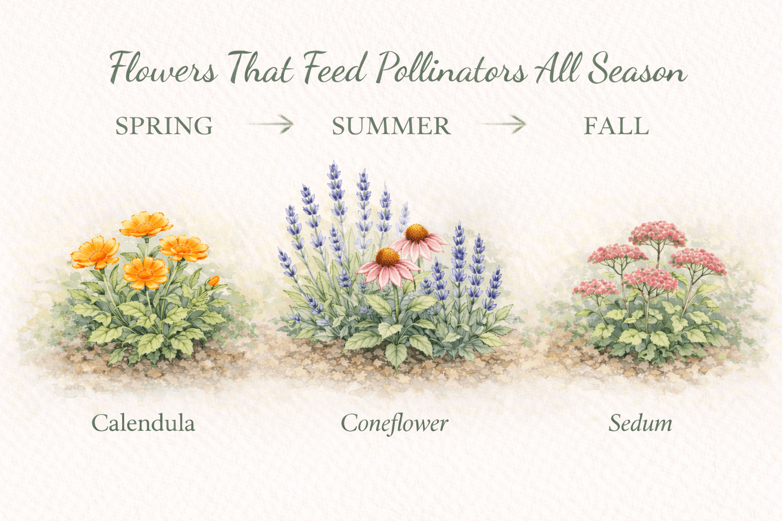 Planting flowers with different bloom times helps bees and butterflies find food throughout the growing season.